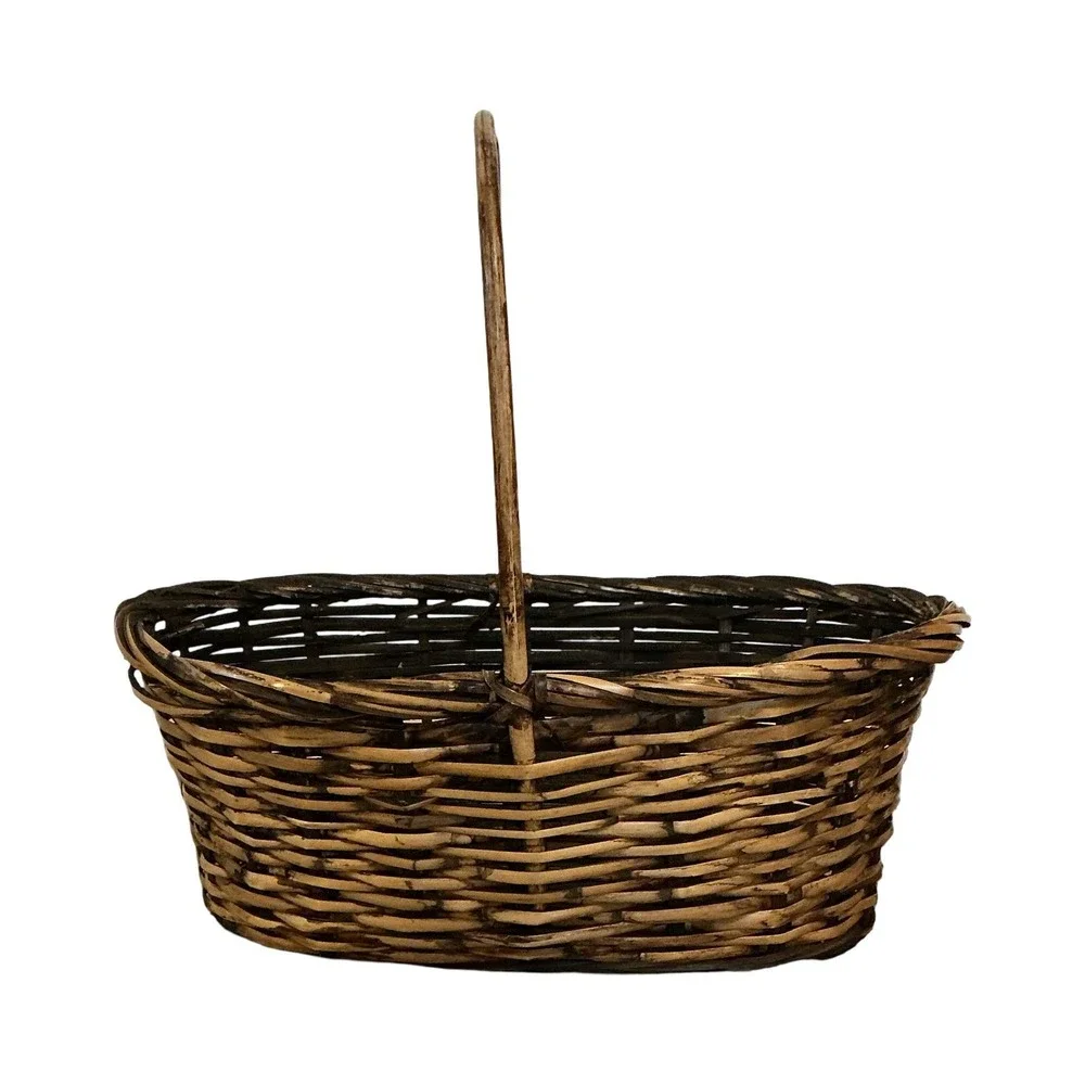 Vintage Wicker Gathering Basket Black Interior Farmhouse Rustic 15x8.75 x 15‎